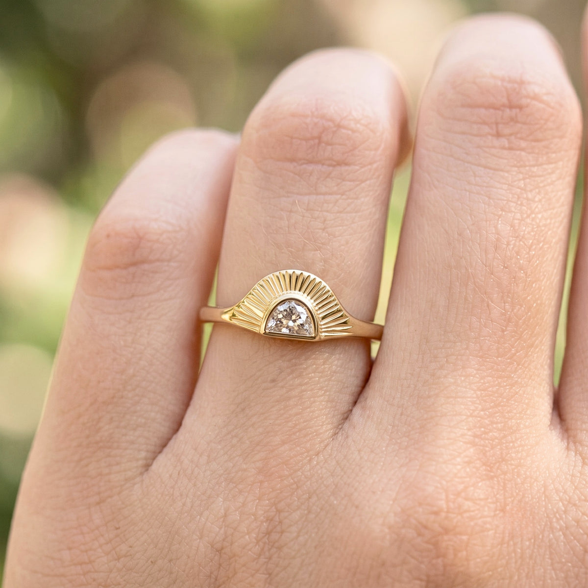 Lab Grown Diamond Half Moon Sunburst Bezel Set Solitaire Band in 14K Yellow Gold
