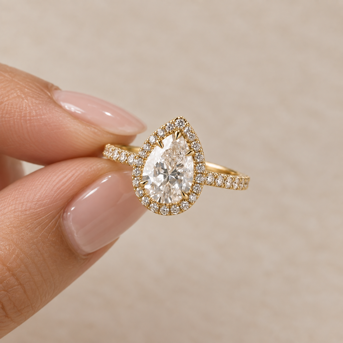 Lab Grown Diamond Pear Cut Halo Engagement Ring with Pavé Diamond Band in 14K Yellow Gold