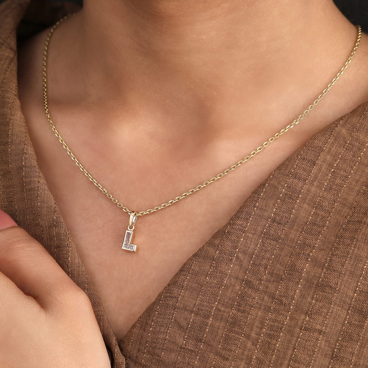 Lab Grown Diamond Alphabet L Cut Initial Pendant Necklace IGI Certified in 14K Yellow Gold