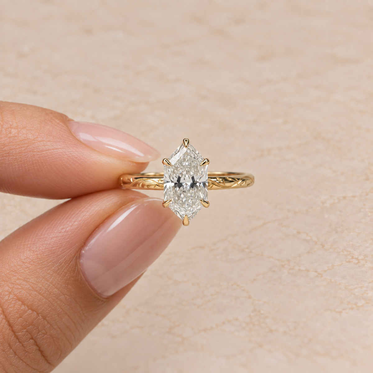 Hexagon Cut Lab Grown Diamond Vintage Floral Engagement Ring in 14K Yellow Gold