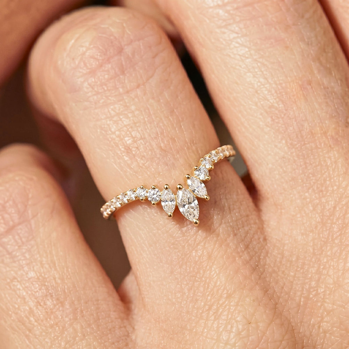 Lab Grown Diamond   Marquise and Pear Cut Chevron Wedding Band with Pave Diamond Accents in 14K   Yellow Gold