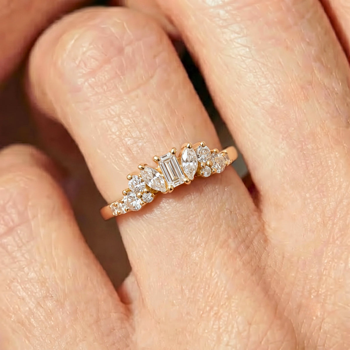 Lab Grown Diamond   Emerald Cut with Marquise and Round Diamond Accents Floral Cluster Wedding   Band in 14K Yellow Gold