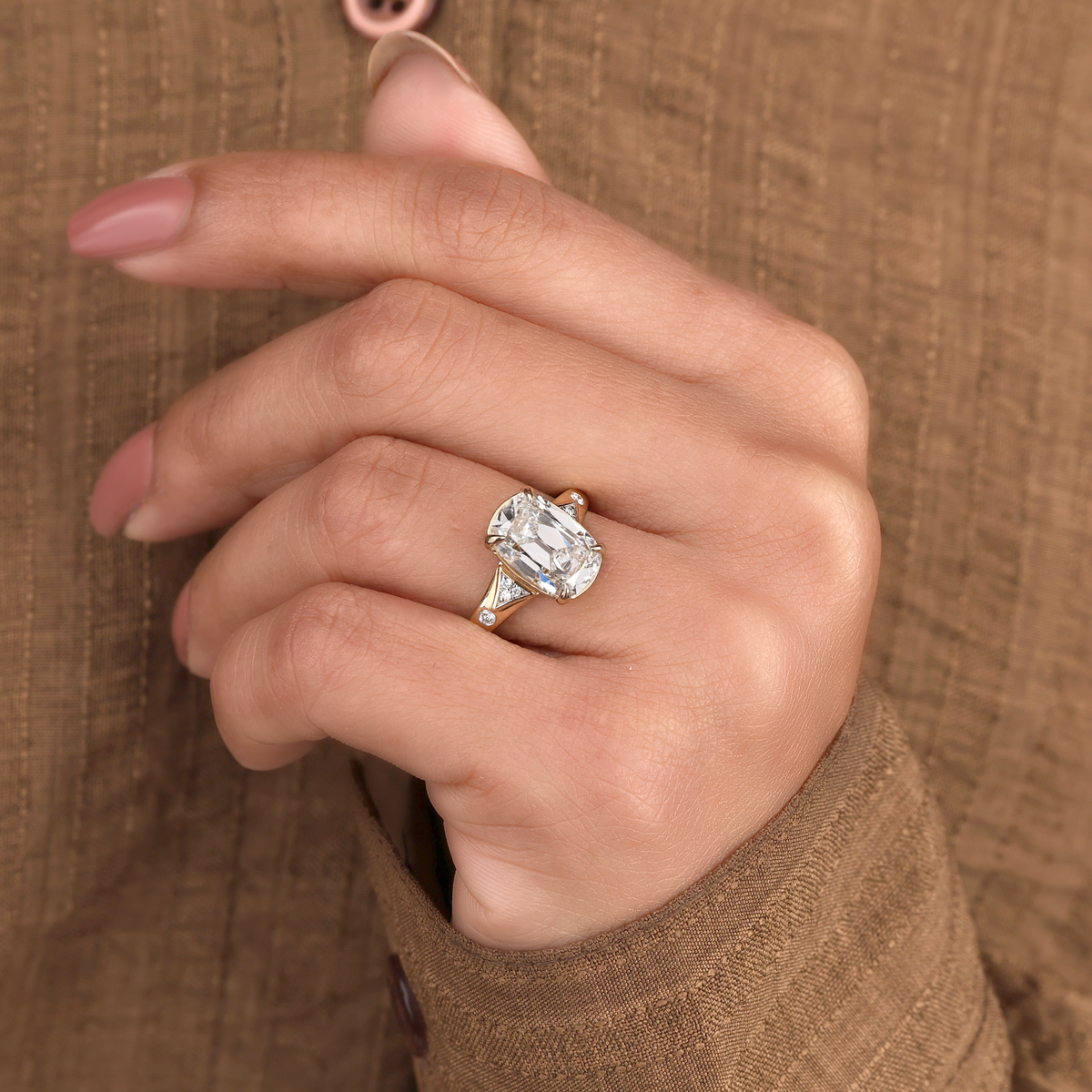Lab Grown Diamond Elongated Cushion Crushed Ice Cut Vintage Tapered Triangular Shoulder Engagement Ring with Round Side Accents IGI Certified in 14K Yellow Gold