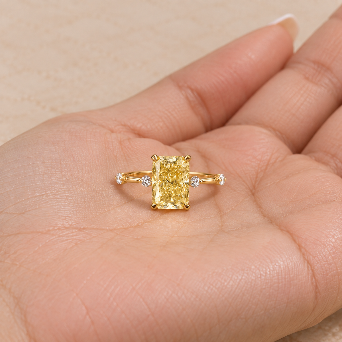 Lab Grown Fancy Yellow Radiant Cut Diamond Solitaire Engagement Ring with Round Diamond Side Accents in 14K Yellow Gold