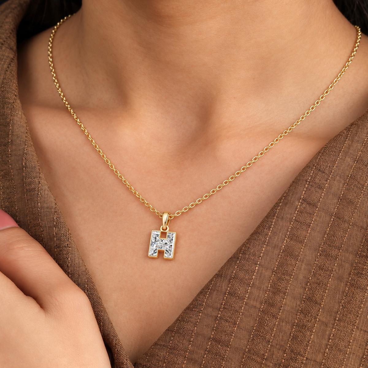 Lab Grown Diamond Alphabet H Cut Initial Pendant Necklace IGI Certified in 14K Yellow Gold