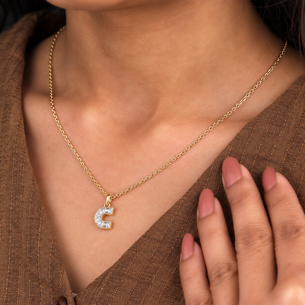 Lab Grown Diamond Alphabet C Cut Initial Pendant Necklace IGI Certified in 14K Yellow Gold