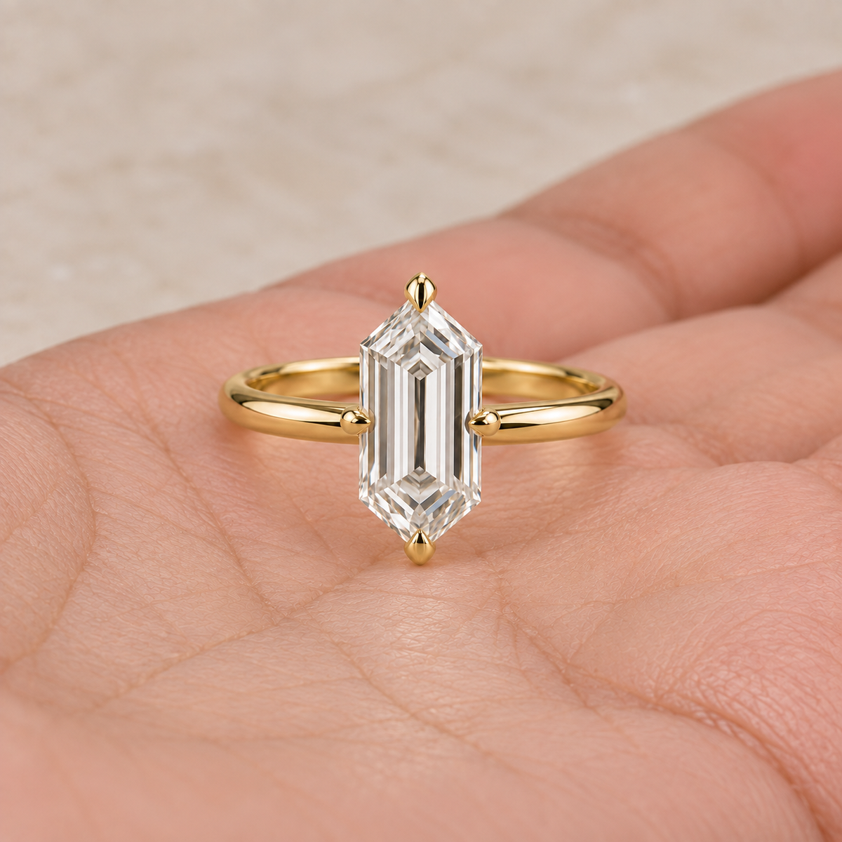 Lab Grown Diamond Elongated Hexagon Cut Solitaire Engagement Ring in 14K Yellow Gold