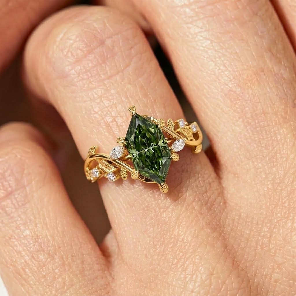 Lab Grown Diamond Green Dutch Marquise Cut with Marquise & Round Diamond Side Accents in Nature-Inspired Band Engagement Ring IGI Certified in 14K Rose Gold