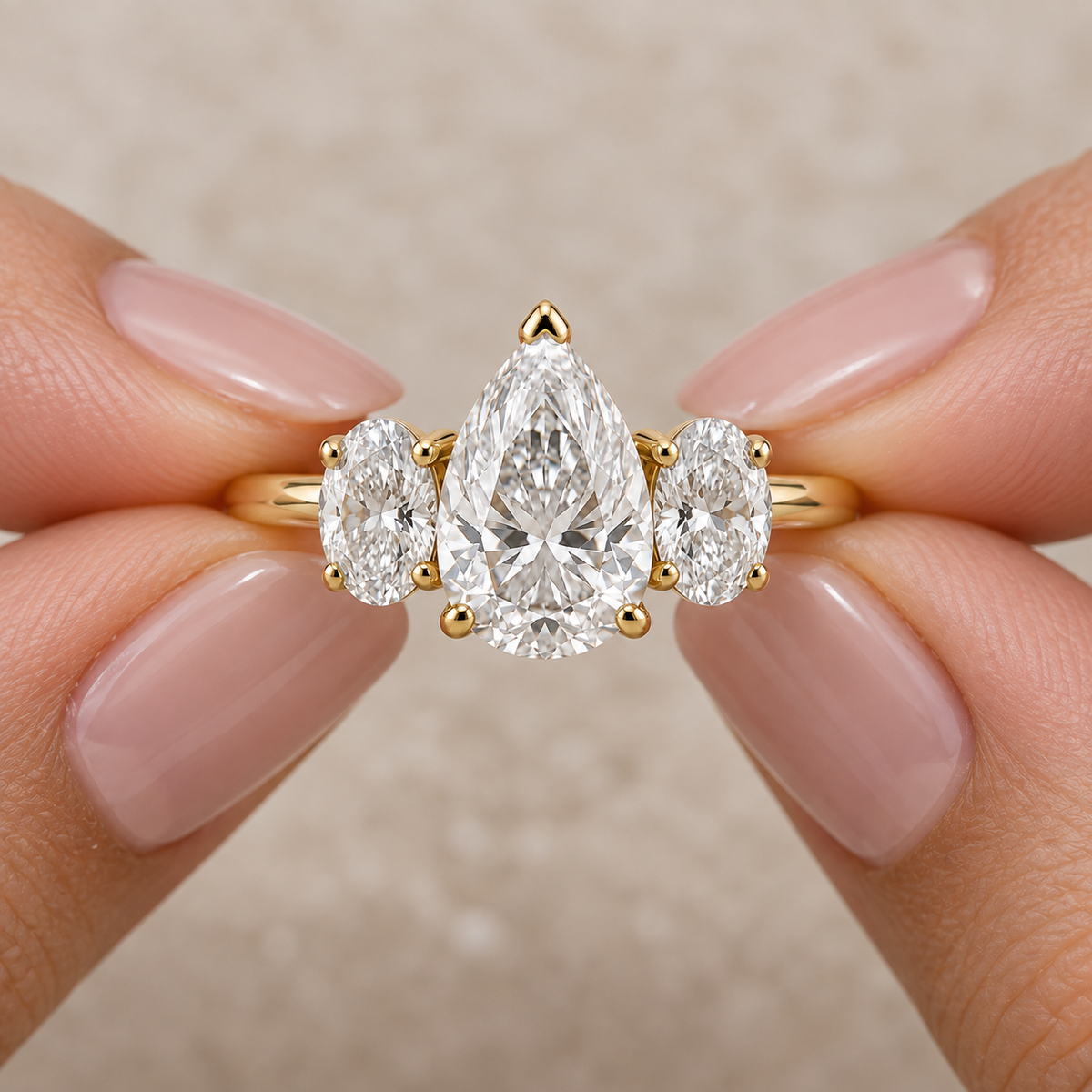 Lab Grown Diamond Pear Cut Three Stone Engagement Ring with Oval Side Stones in 14K Yellow Gold