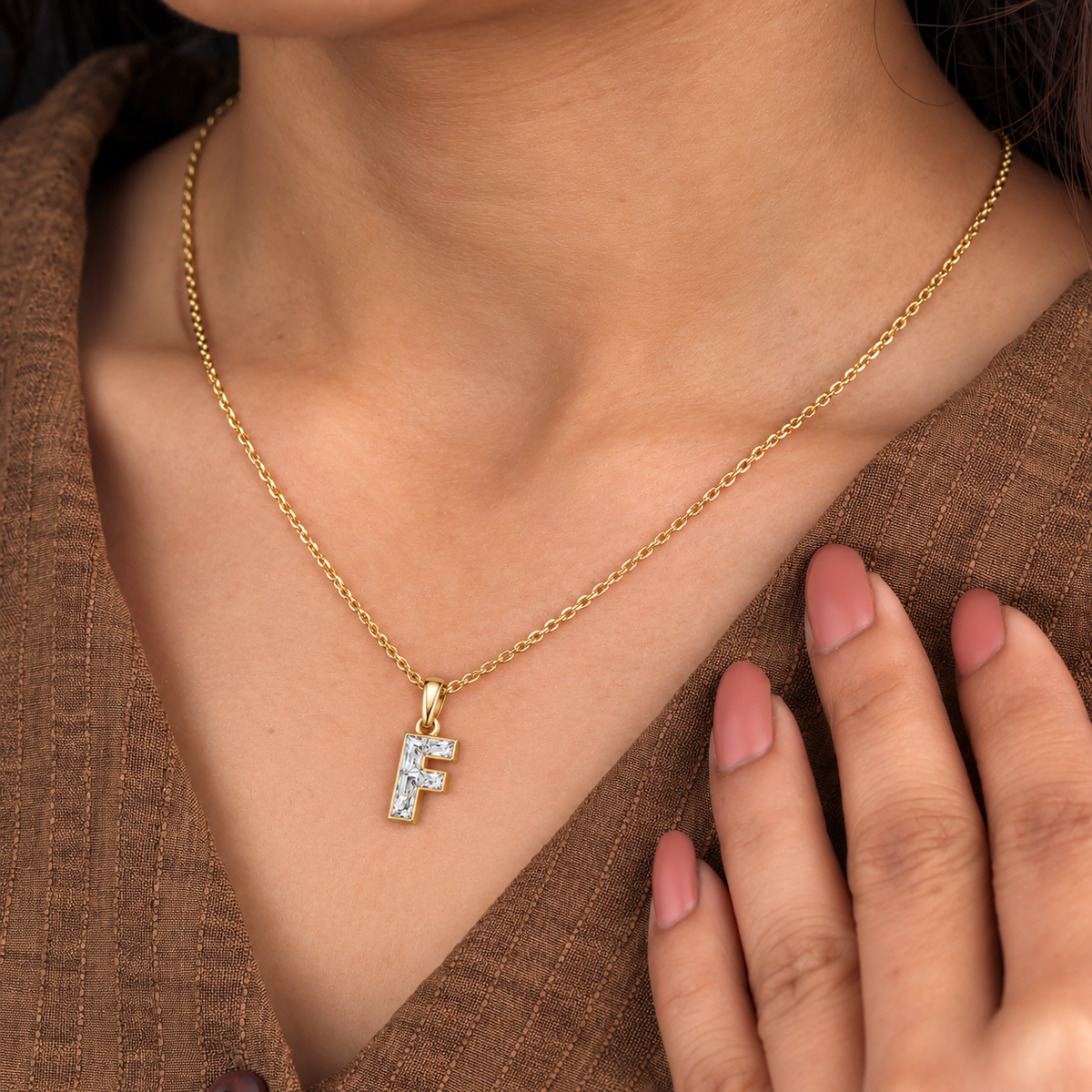 Lab Grown Diamond Alphabet F Cut Initial Pendant Necklace IGI Certified in 14K Yellow Gold