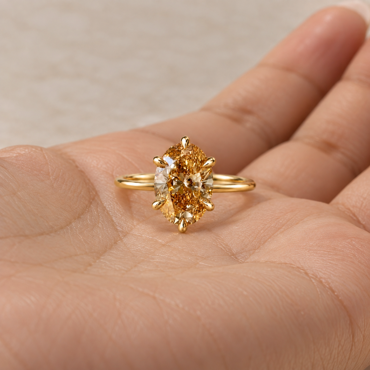 Oval Cut Fancy Champagne  Diamond Solitaire Engagement   Ring in 14K Yellow Gold
