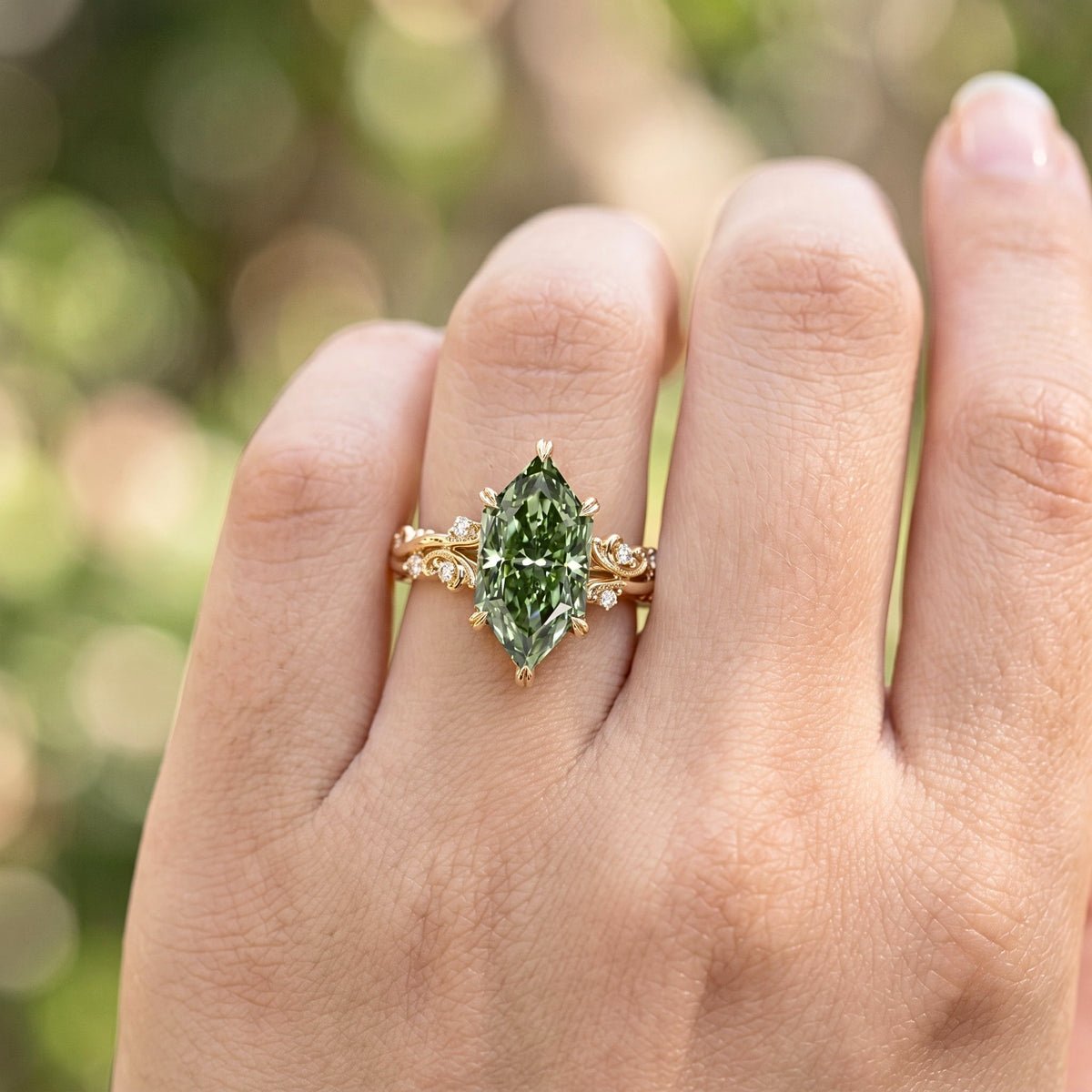 Lab Grown Diamond Green Dutch Marquise Cut with Round Diamond Side Accents in Nature-Inspired Vine Engraved Band Engagement Ring IGI Certified in 14K Yellow Gold