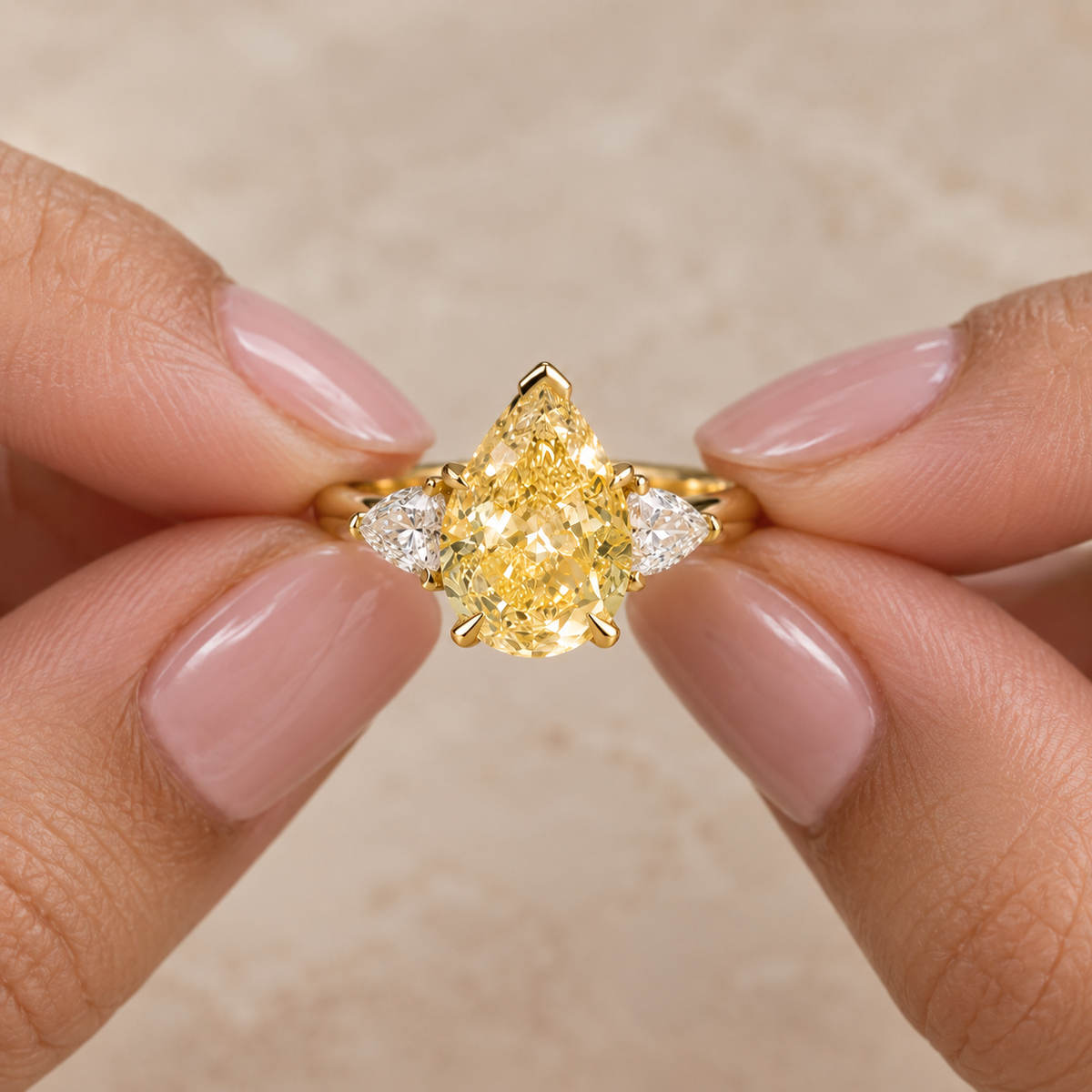 Pear Cut Fancy Yellow Diamond Three Stone Engagement Ring in 14K Yellow Gold