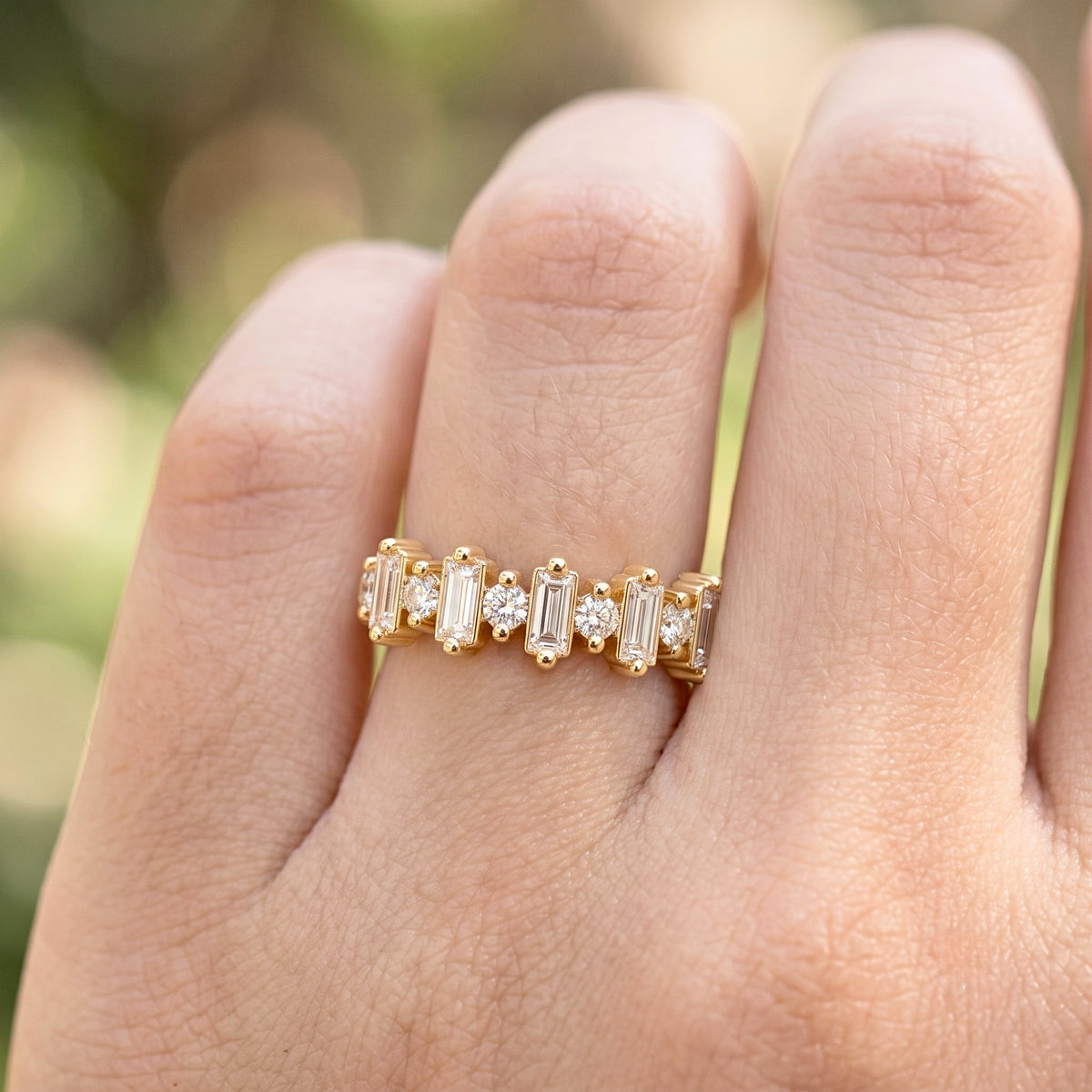 Lab Grown Diamond Half Moon Sunburst Bezel Set Solitaire Band in 14K Yellow Gold