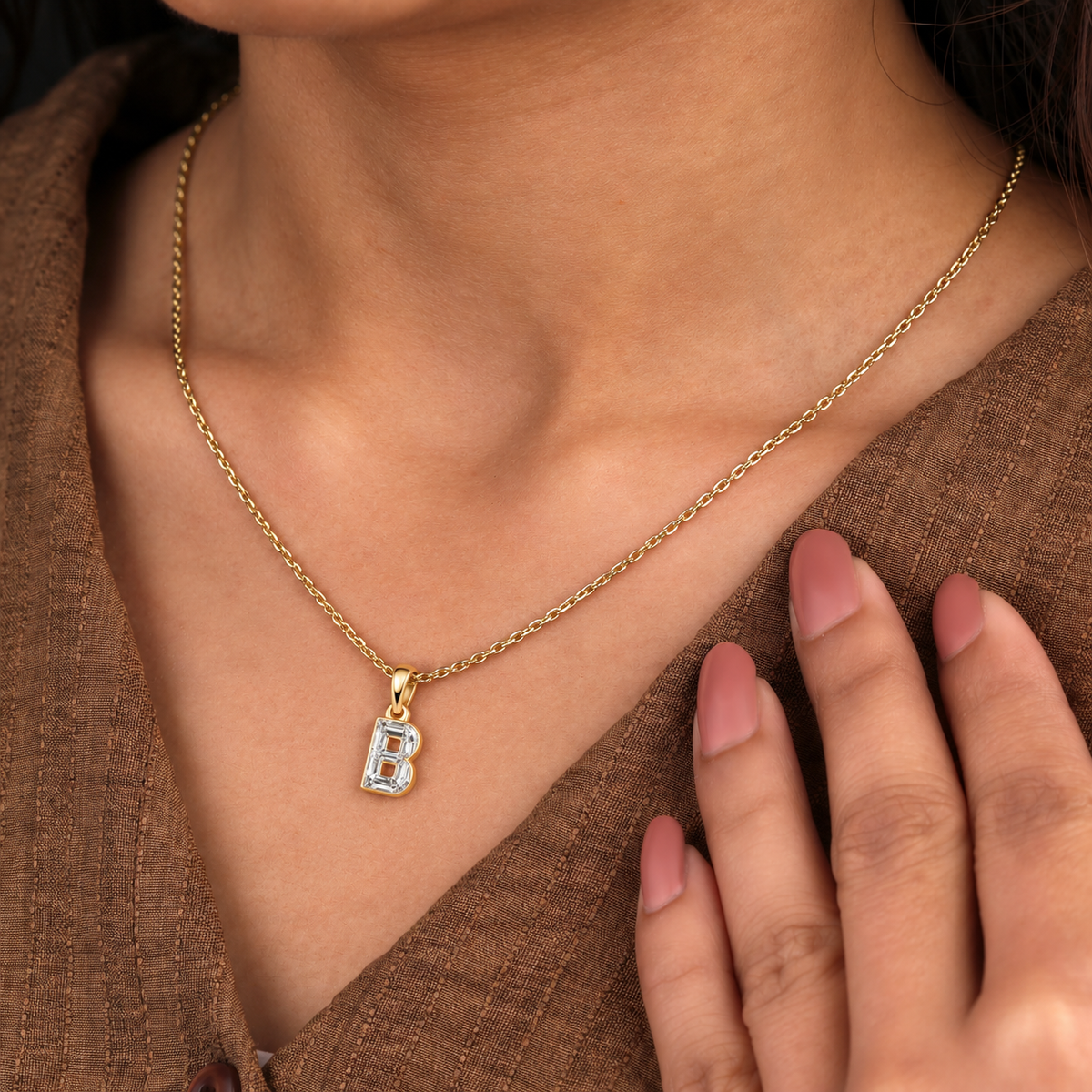 Lab Grown Diamond Alphabet B Cut Initial Pendant Necklace IGI Certified in 14K Yellow Gold