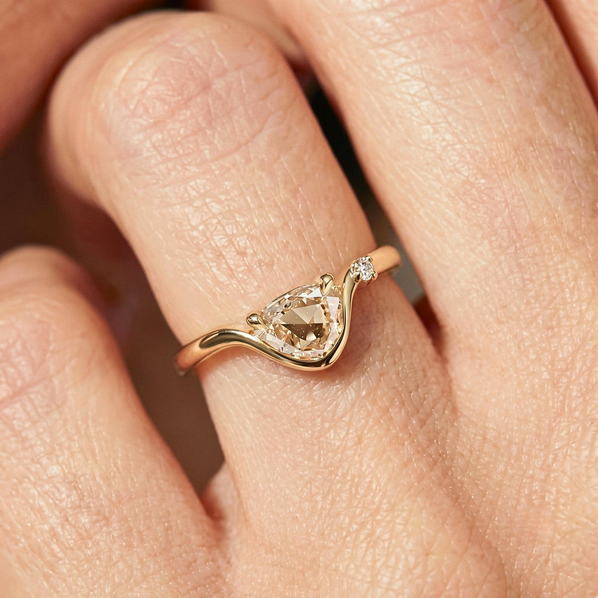 Lab Grown Diamond Uneven Cut Fancy Champagne Curved Chevron V-Band Engagement Ring with Side Accent IGI Certified in 14K Yellow Gold