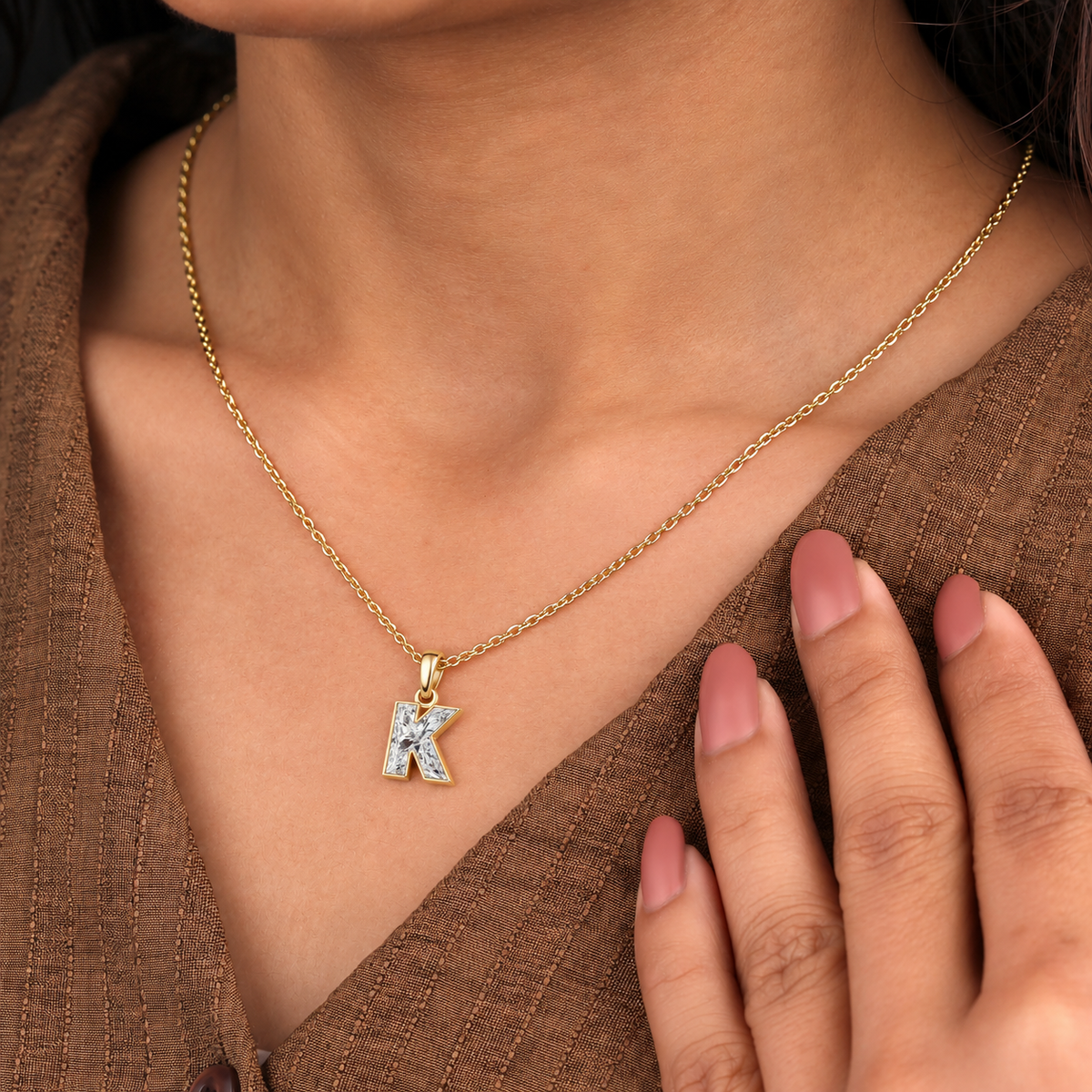Lab Grown Diamond Alphabet K Cut Initial Pendant Necklace IGI Certified in 14K Yellow Gold