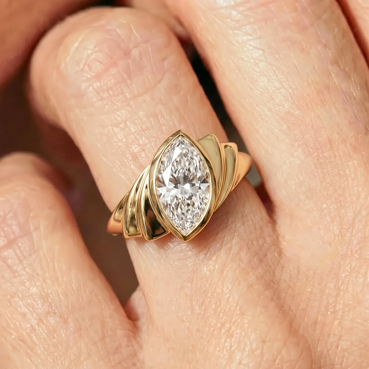 Lab Grown Diamond Marquise Brilliant Cut Fluted Tapered Bypass Bezel Engagement Ring IGI Certified in 14K Yellow Gold