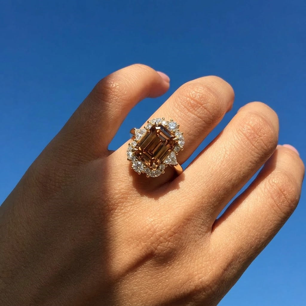 Lab Grown Diamond Fancy Cognac Champagne Emerald Cut Vintage Floral Cluster Halo Engagement Ring IGI Certified in 14K Yellow Gold
