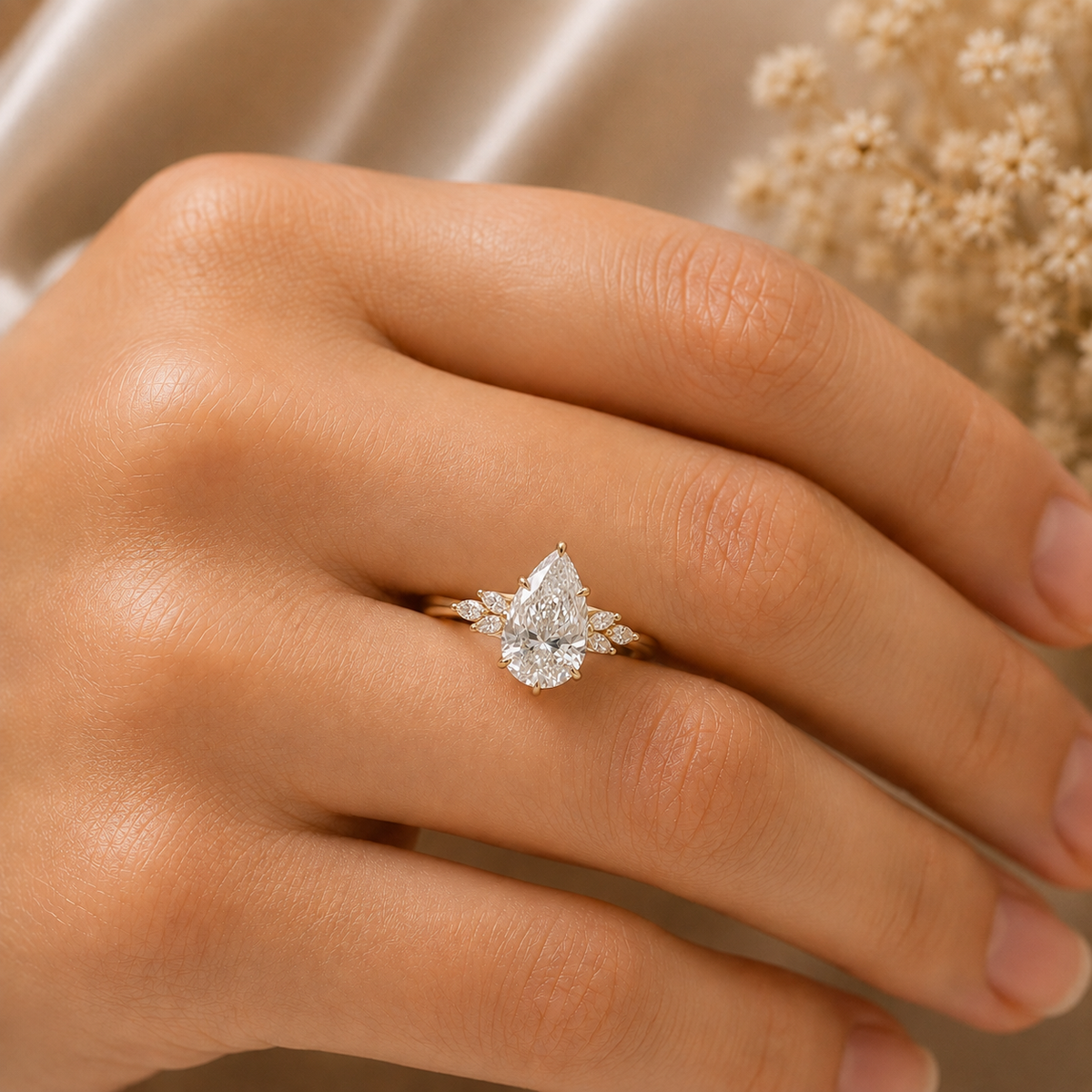 Pear Cut Diamond Engagement Ring with Floral Accent Diamonds in 14K Yellow Gold