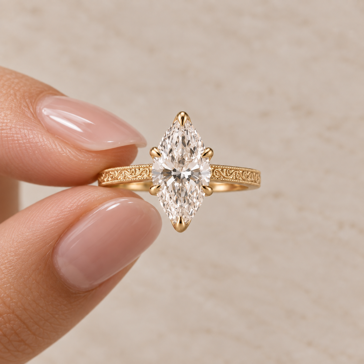 Marquise Cut Lab Grown Diamond Vintage Filigree Engagement Ring in 14K Yellow Gold