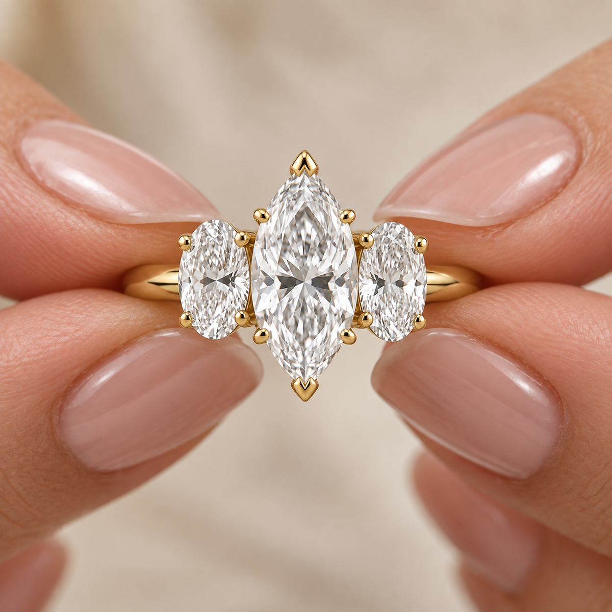 Lab Grown Diamond Marquise Cut Three Stone Engagement Ring with Oval Side Stones in 14K Yellow   Gold (Copy)