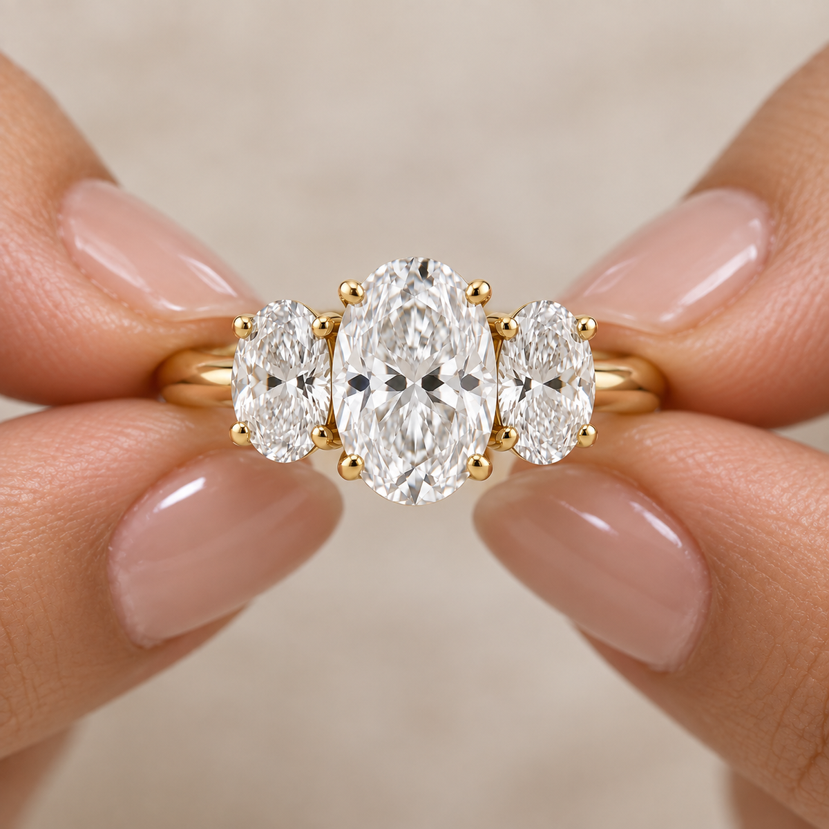 Lab Grown Diamond Oval Cut Three Stone Engagement Ring with Oval Side Stones in 14K Yellow Gold