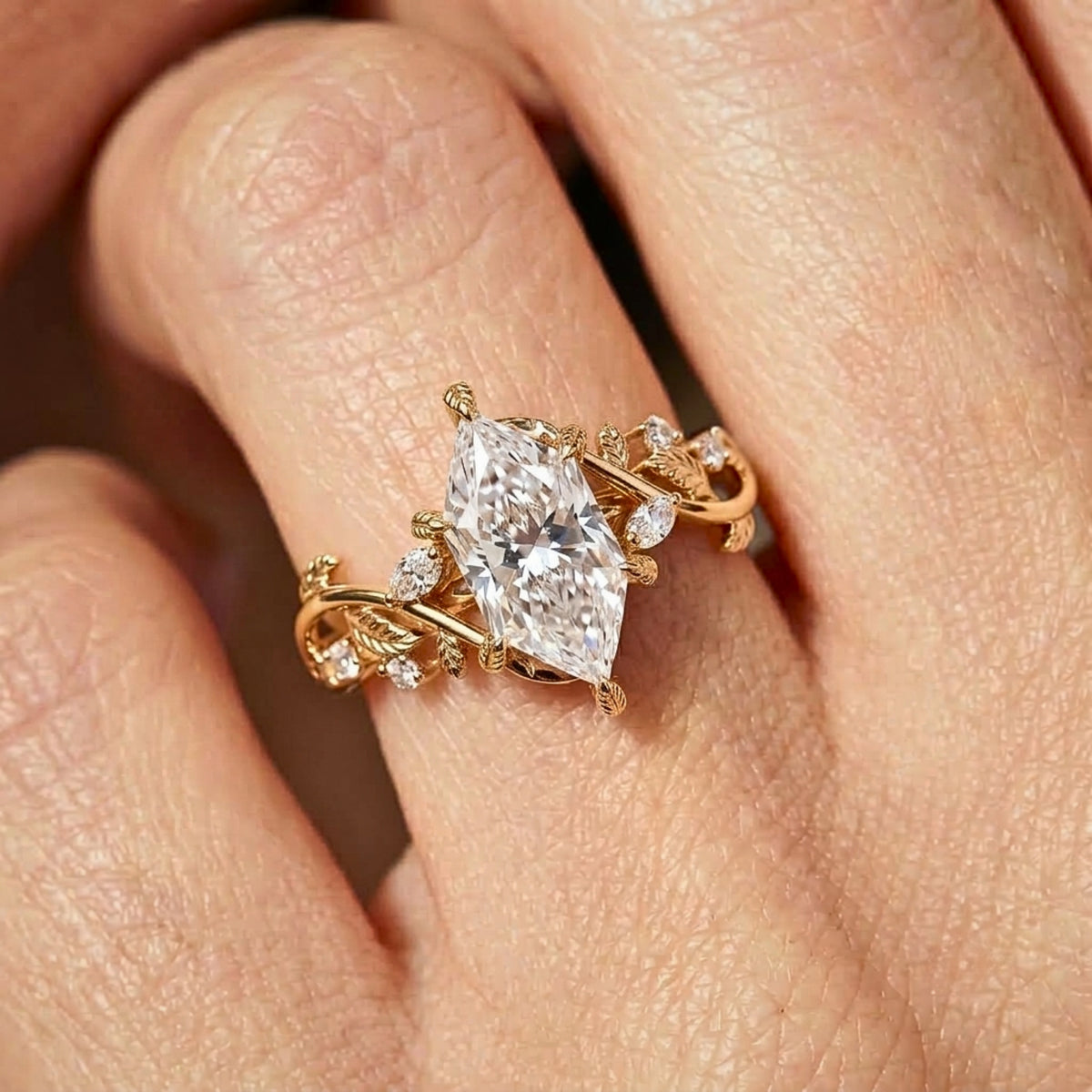 Lab Grown Diamond Dutch Marquise Cut with Marquise & Round Diamond Side Accents in Nature-Inspired Vine Band Engagement Ring IGI Certified in 14K Yellow Gold