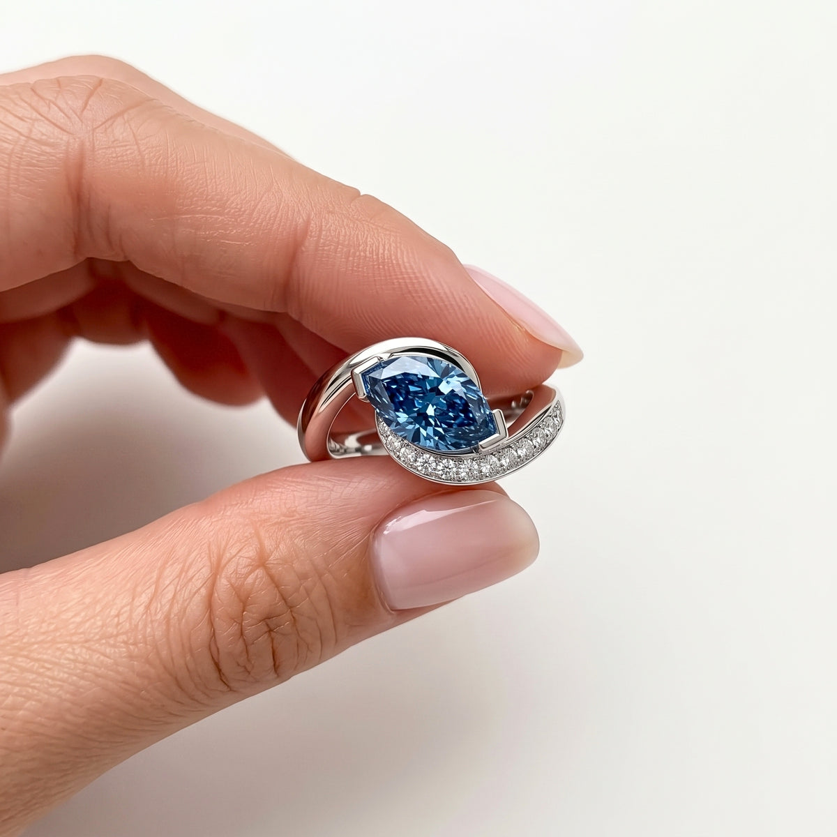 Lab Grown Diamond Fancy Blue Marquise Cut Swirl Bypass Half-Pavé Engagement Ring IGI Certified in 14K Yellow Gold