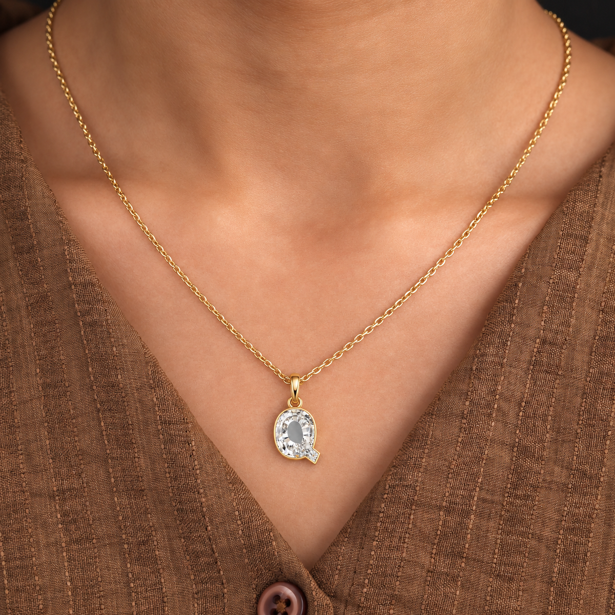 Lab Grown Diamond Alphabet Q Cut Initial Pendant Necklace IGI Certified in 14K Yellow Gold