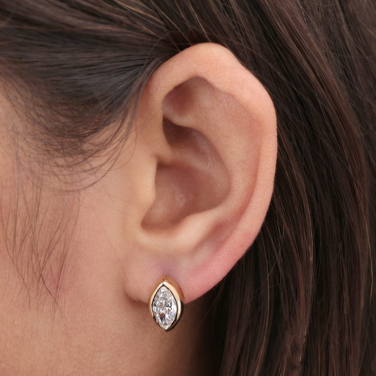 Lab Grown Diamond Marquise Brilliant Cut Full Bezel Stud Earrings IGI Certified in 14K Yellow Gold