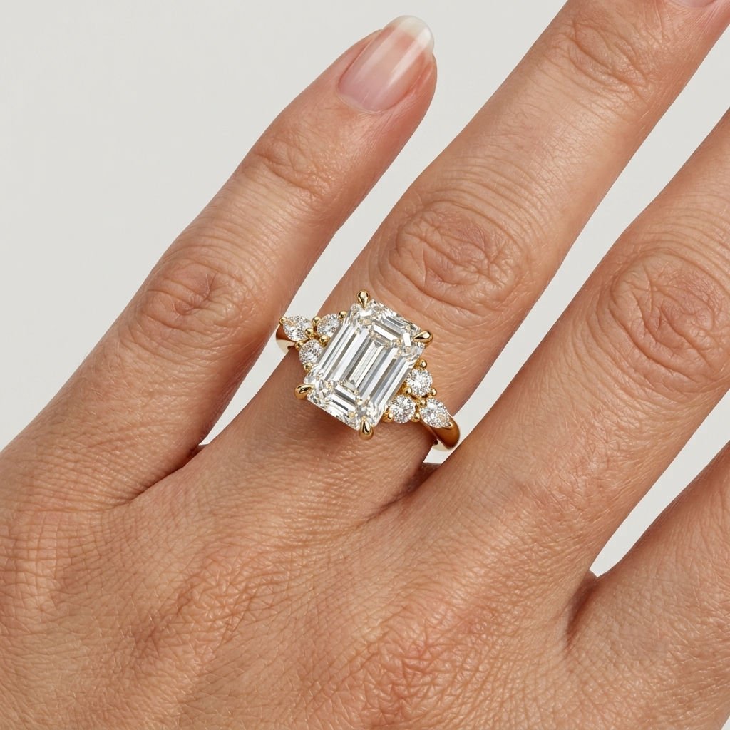 Lab Grown Diamond Emerald Cut Engagement Ring with Marquise & Round Side Stones IGI Certified in 14K Yellow Gold