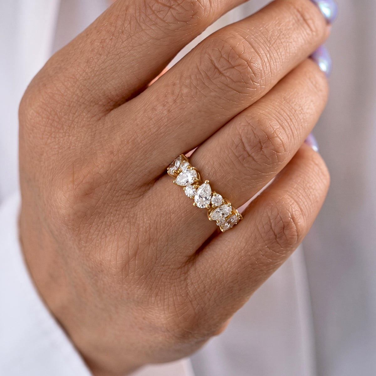 Lab Grown Diamond Pear & Round Cut Multi-Stone Cluster Engagement Band  IGI Certified in 14K Yellow Gold