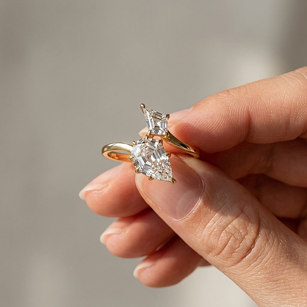 Lab Grown Diamond Step Cut Pear & Kite Cut Bypass Split Shank Engagement Ring IGI Certified in 14K Yellow Gold