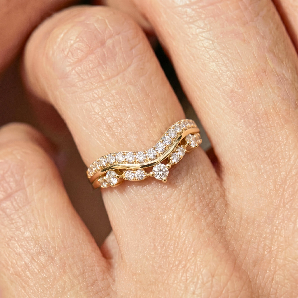 Lab Grown Diamond   Curved Chevron Pave Wedding Band with Round Diamond Accents in 14K Yellow   Gold