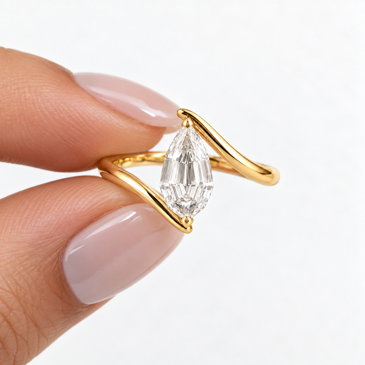 Lab Grown Diamond Pear Step Cut Modern Bypass Wave Solitaire Engagement Ring IGI Certified in 14K Yellow Gold
