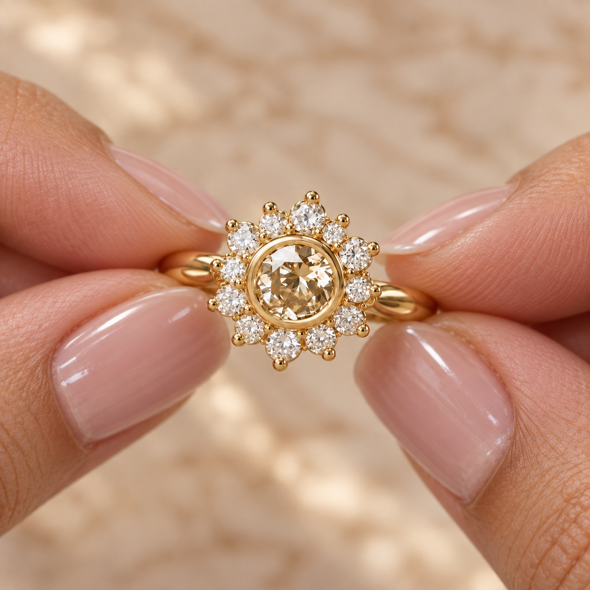 Round Cut Champagne Diamond Halo Engagement Ring with Diamond Cluster in 14K Yellow   Gold