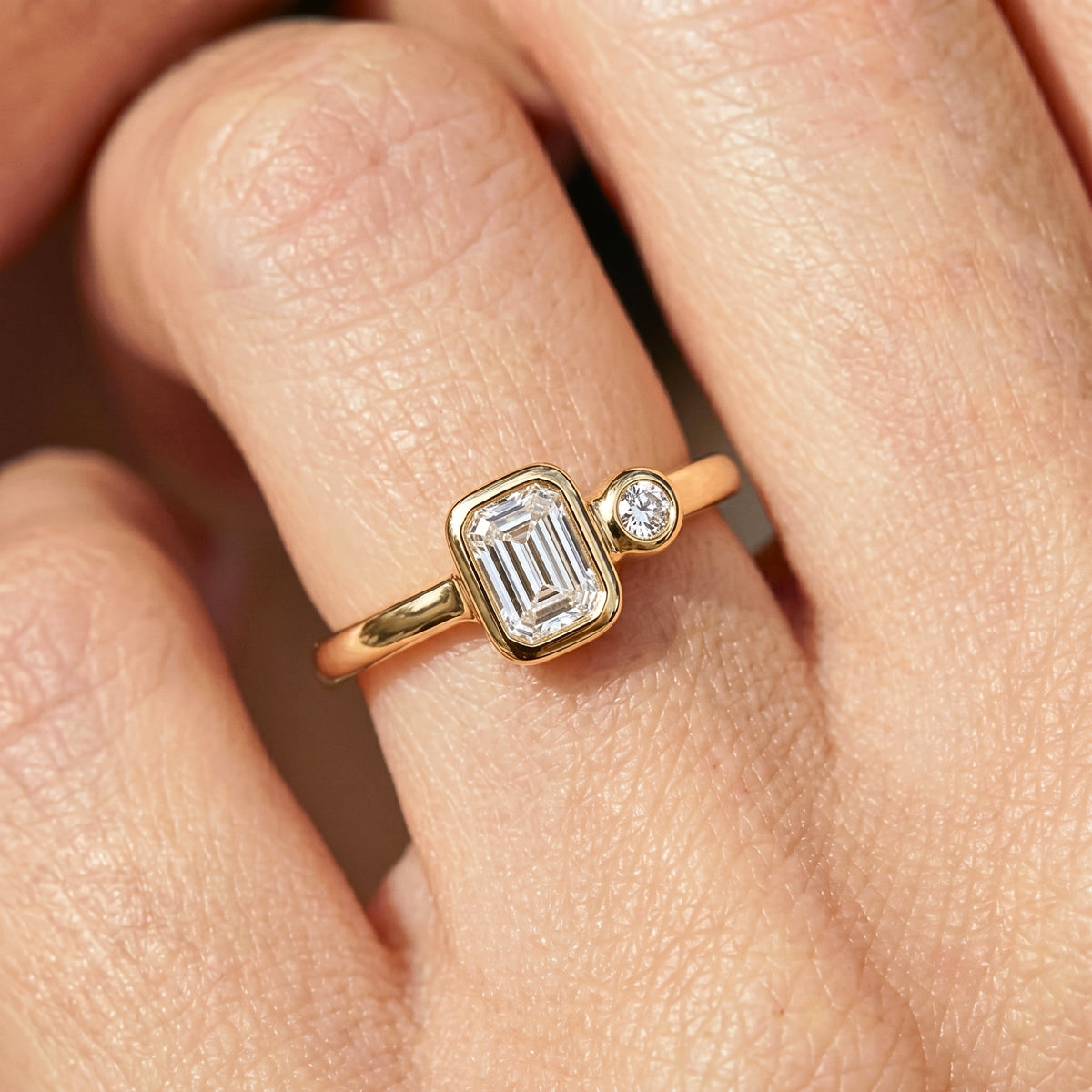 Lab Grown Diamond Elongated Emerald Cut Floating Bezel Curved Wave Nested Band Baguette Accent Engagement Ring IGI Certified in 14K Yellow Gold (Copy)