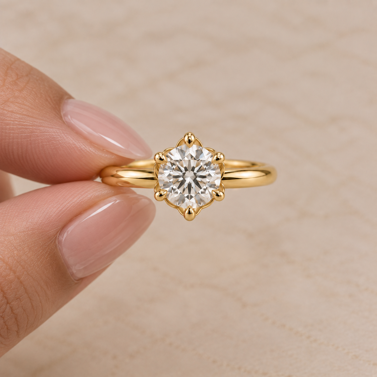 Lab Grown Diamond   Round Brilliant Cut Floral Halo Solitaire Engagement Ring in 14K Yellow Gold
