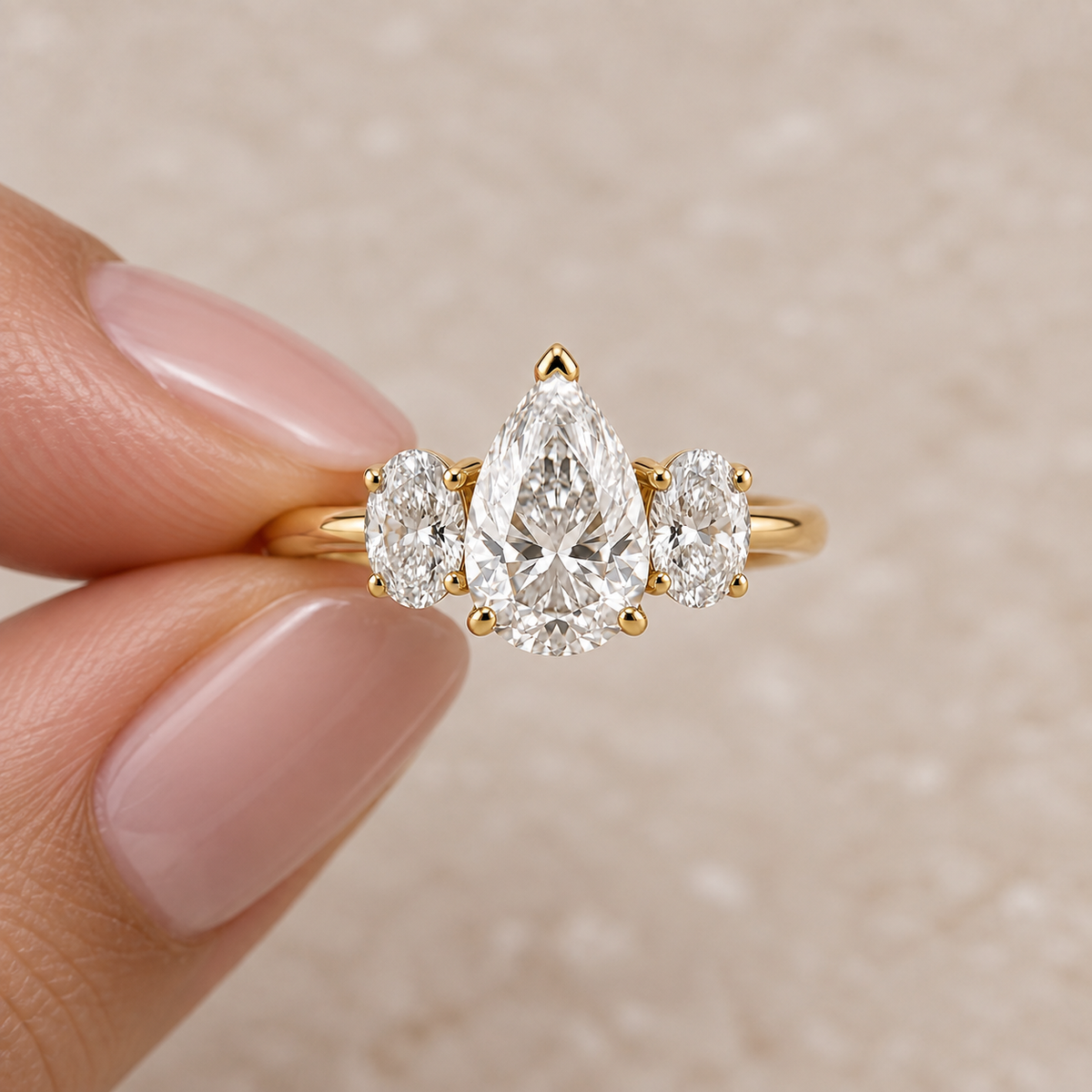 Lab Grown Diamond Pear Cut Three Stone Engagement Ring with Oval Side Stones in 14K Yellow Gold