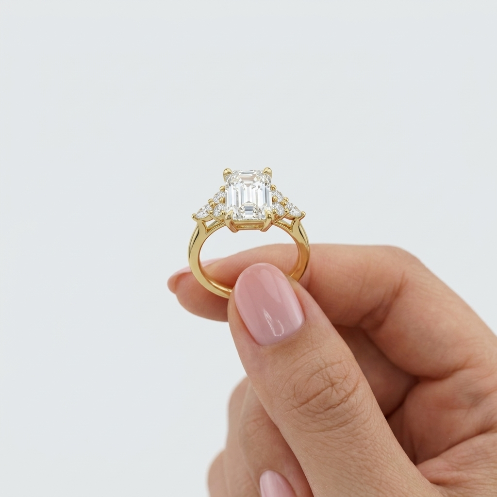 Lab Grown Diamond Emerald Cut Engagement Ring with Marquise & Round Side Stones IGI Certified in 14K Yellow Gold