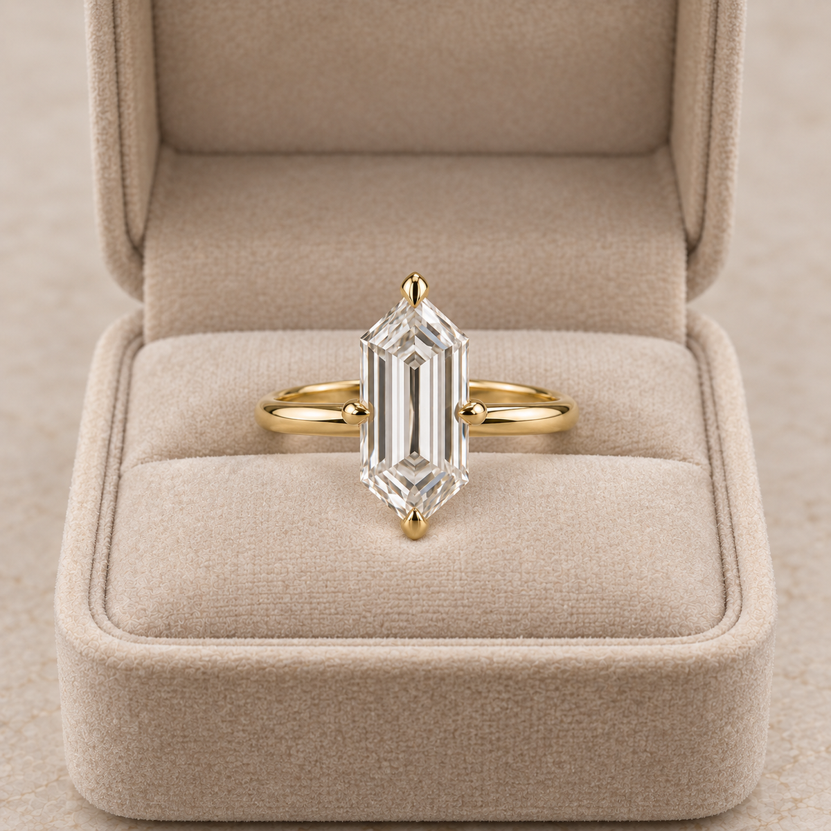 Lab Grown Diamond Elongated Hexagon Cut Solitaire Engagement Ring in 14K Yellow Gold