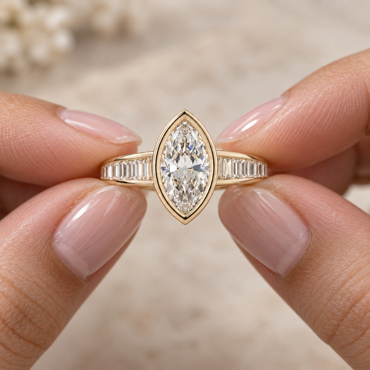 Lab Grown Diamond Marquise Cut Bezel Set Engagement Ring with Baguette Diamond Half Eternity Band in 14K Yellow Gold