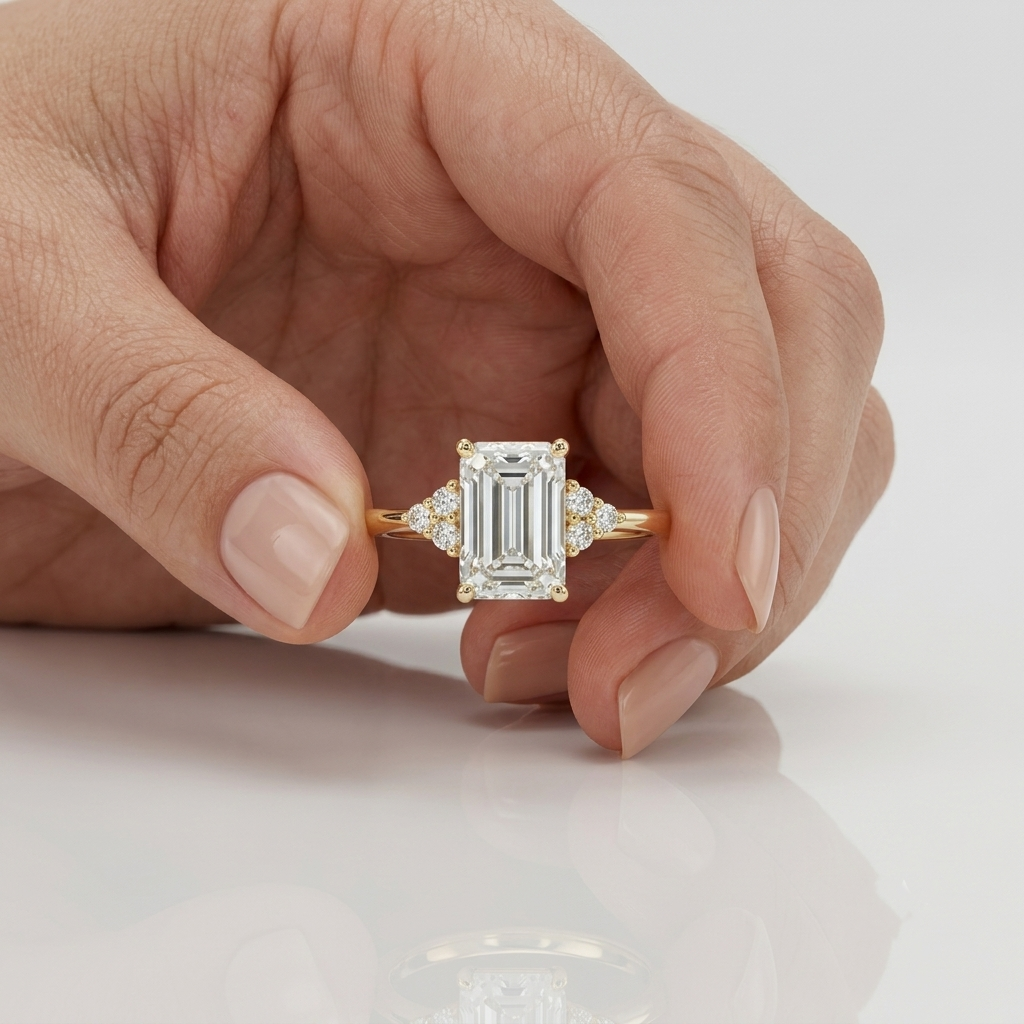Lab Grown Diamond  Emerald Cut Cluster Side Stone Engagement Ring IGI Certified in 14K Yellow Gold