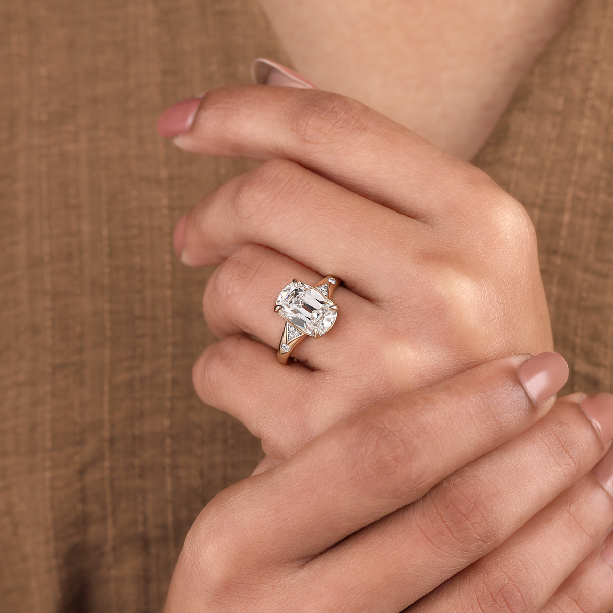 Lab Grown Diamond Elongated Cushion Crushed Ice Cut Vintage Tapered Triangular Shoulder Engagement Ring with Round Side Accents IGI Certified in 14K Yellow Gold
