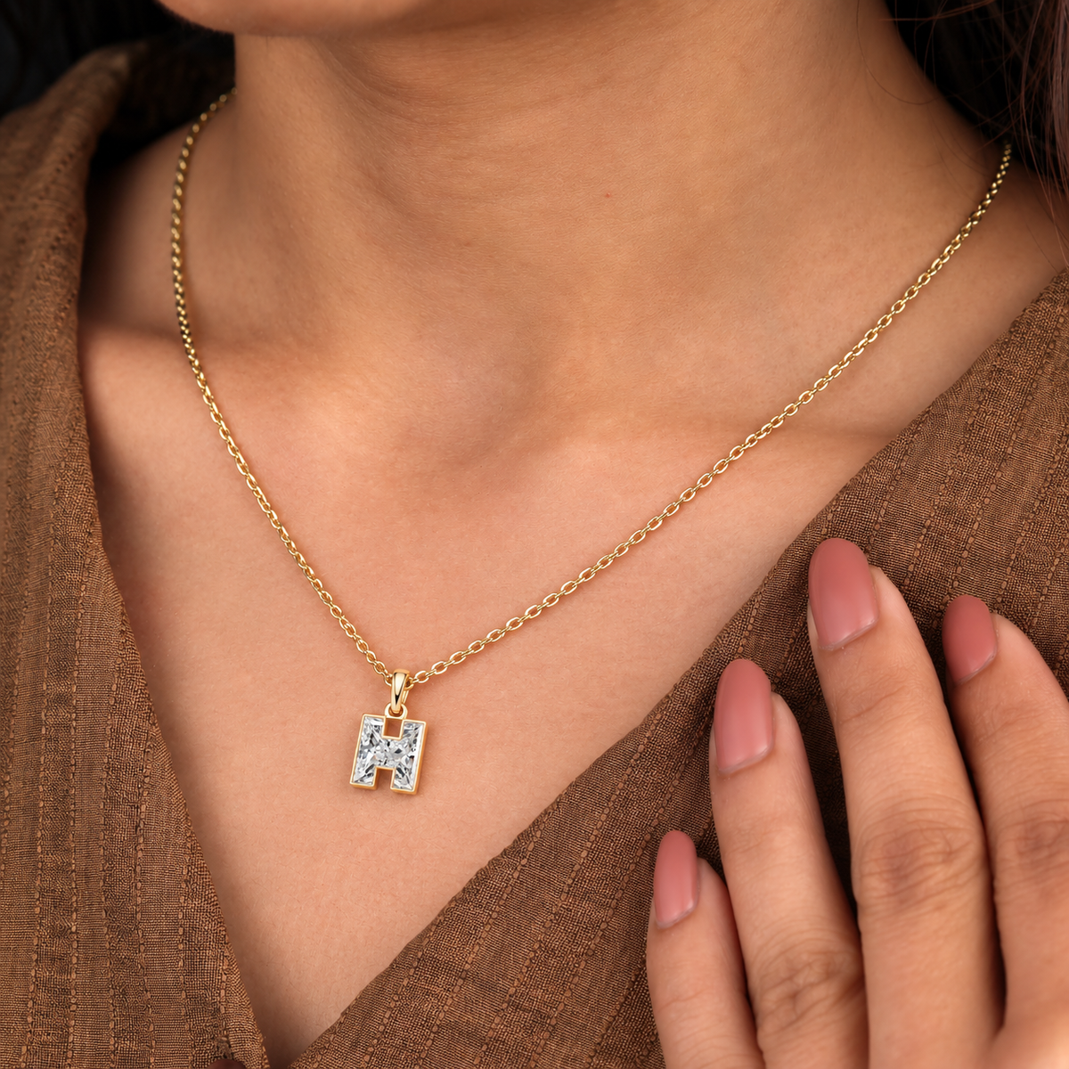 Lab Grown Diamond Alphabet H Cut Initial Pendant Necklace IGI Certified in 14K Yellow Gold