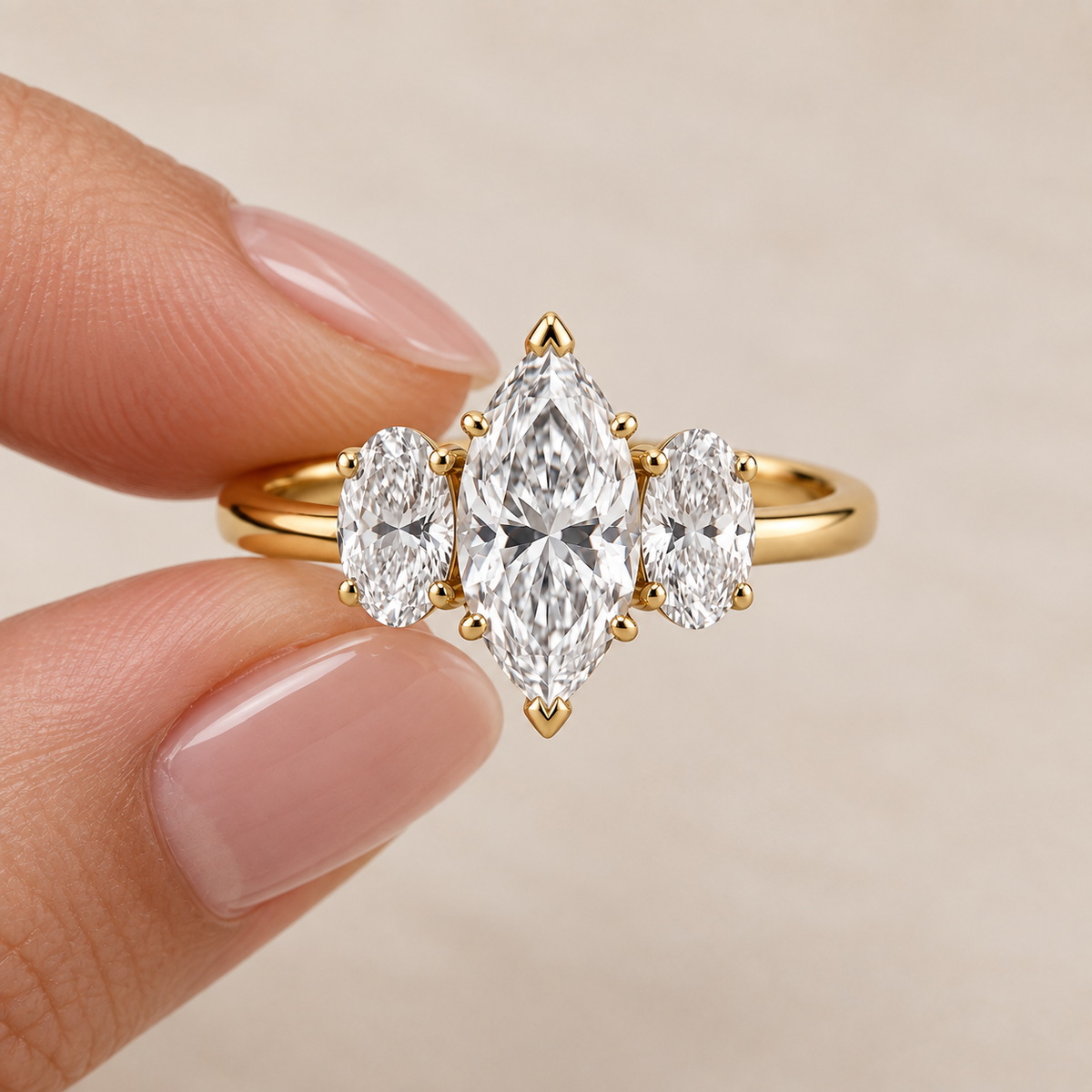 Lab Grown Diamond Marquise Cut Three Stone Engagement Ring with Oval Side Stones in 14K Yellow   Gold (Copy)