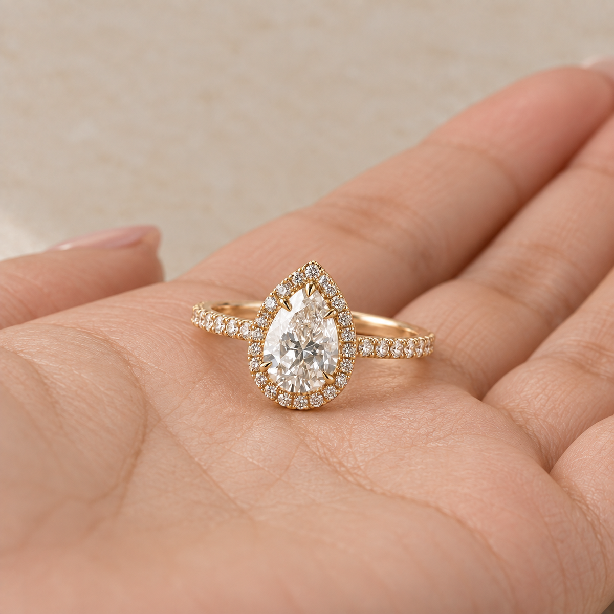 Lab Grown Diamond Pear Cut Halo Engagement Ring with Pavé Diamond Band in 14K Yellow Gold