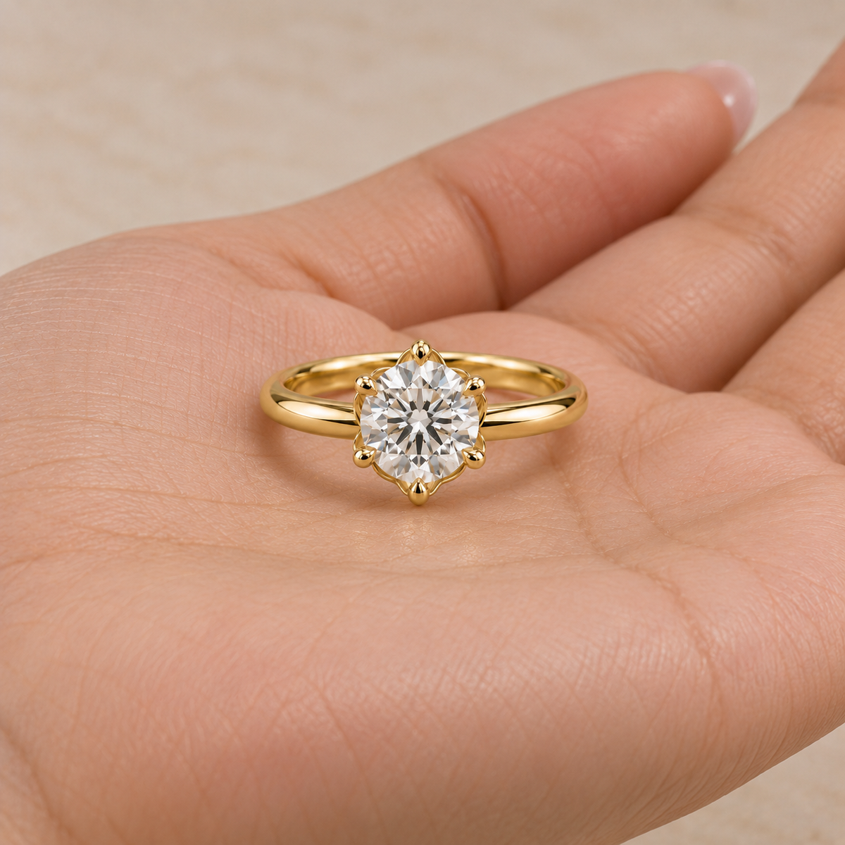 Lab Grown Diamond   Round Brilliant Cut Floral Halo Solitaire Engagement Ring in 14K Yellow Gold