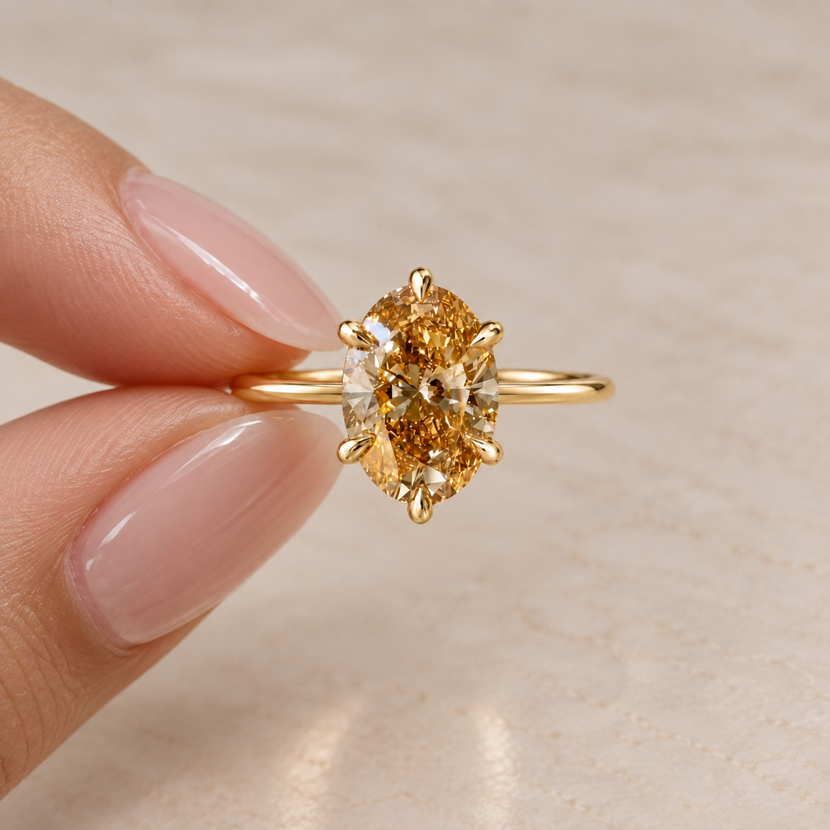 Oval Cut Fancy Champagne  Diamond Solitaire Engagement   Ring in 14K Yellow Gold